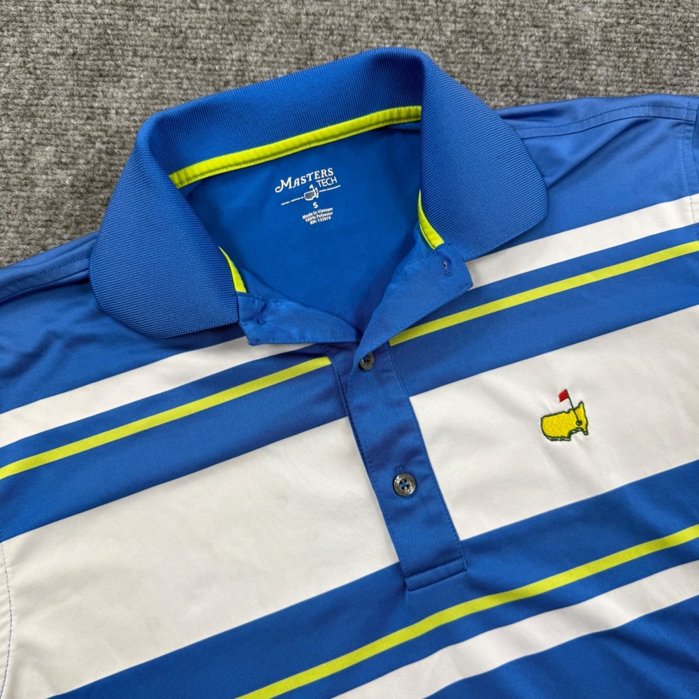 Masters Tech Golf Polo Shirt Small Blue White Striped Short Sleeve Logo Flaw Men